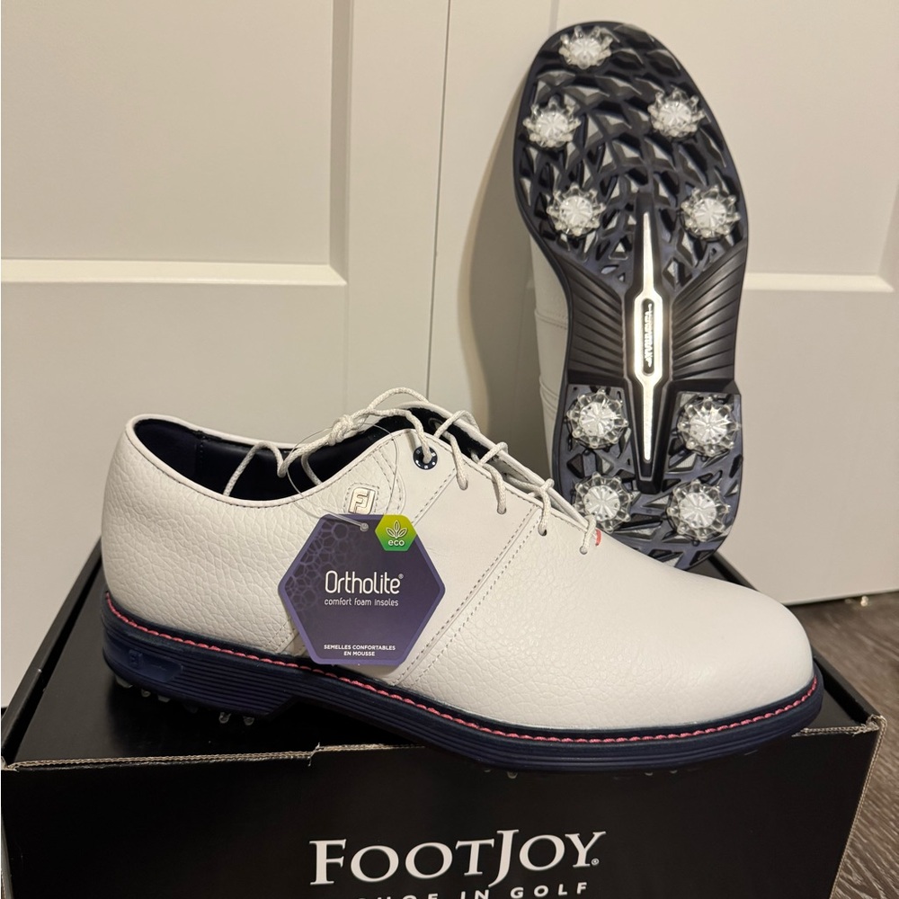 FootJoy Premiere Men's White and Navy Golf Shoes Pink Accents Spiked 54543 NEW